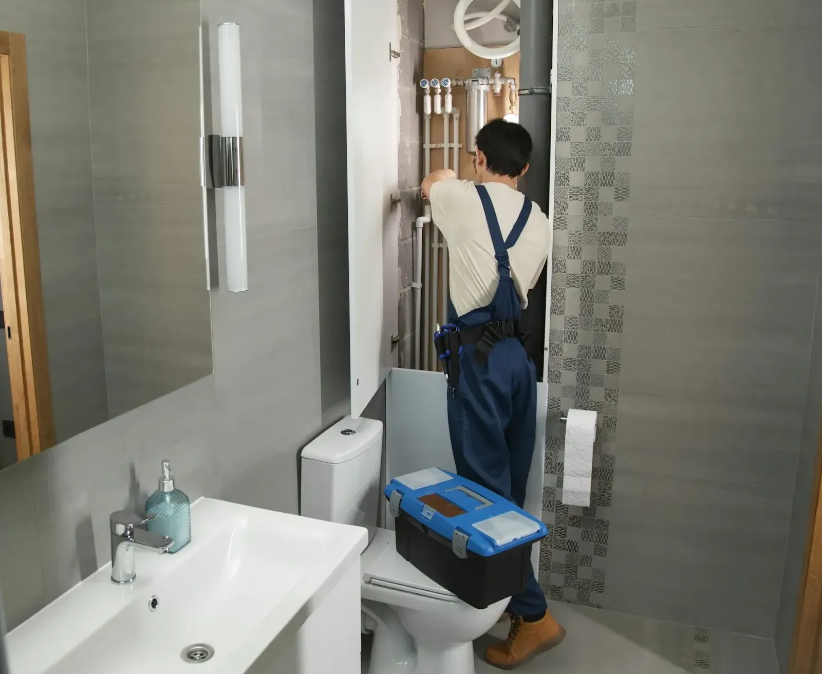 A Newport Beach Water Company That Tests Before It Sells Plumber repairing the plumbing in a bathroom